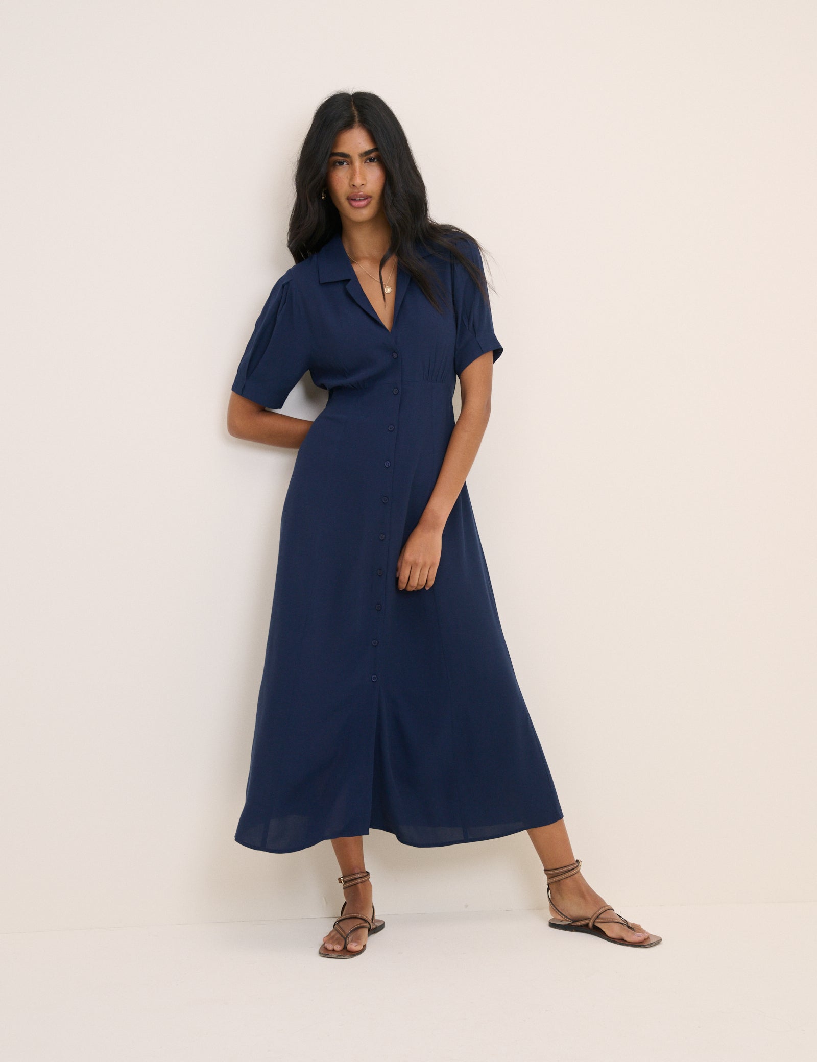 Navy Blue Button Front Neck Midaxi Dress