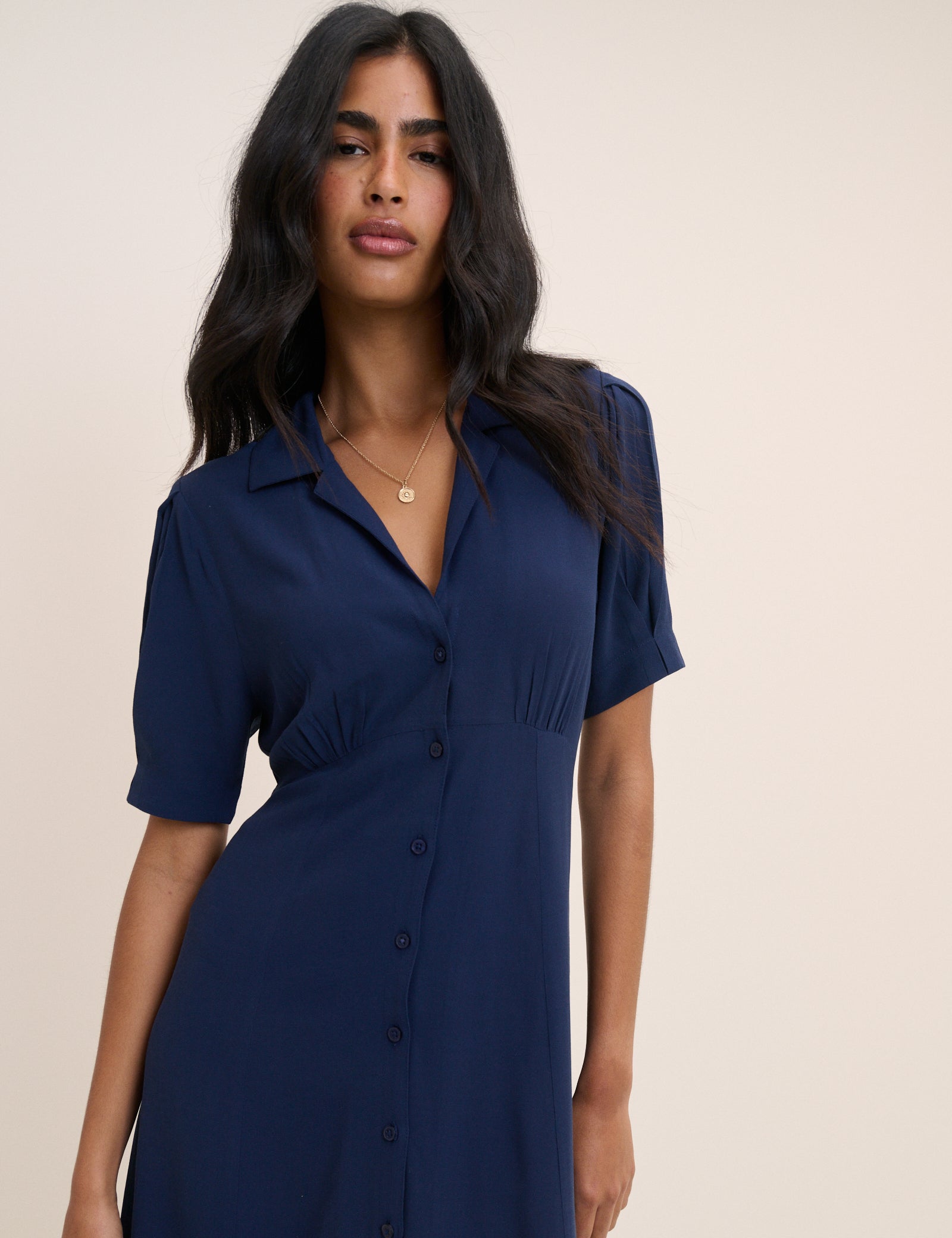 Navy Blue Button Front Neck Midaxi Dress - Image 2