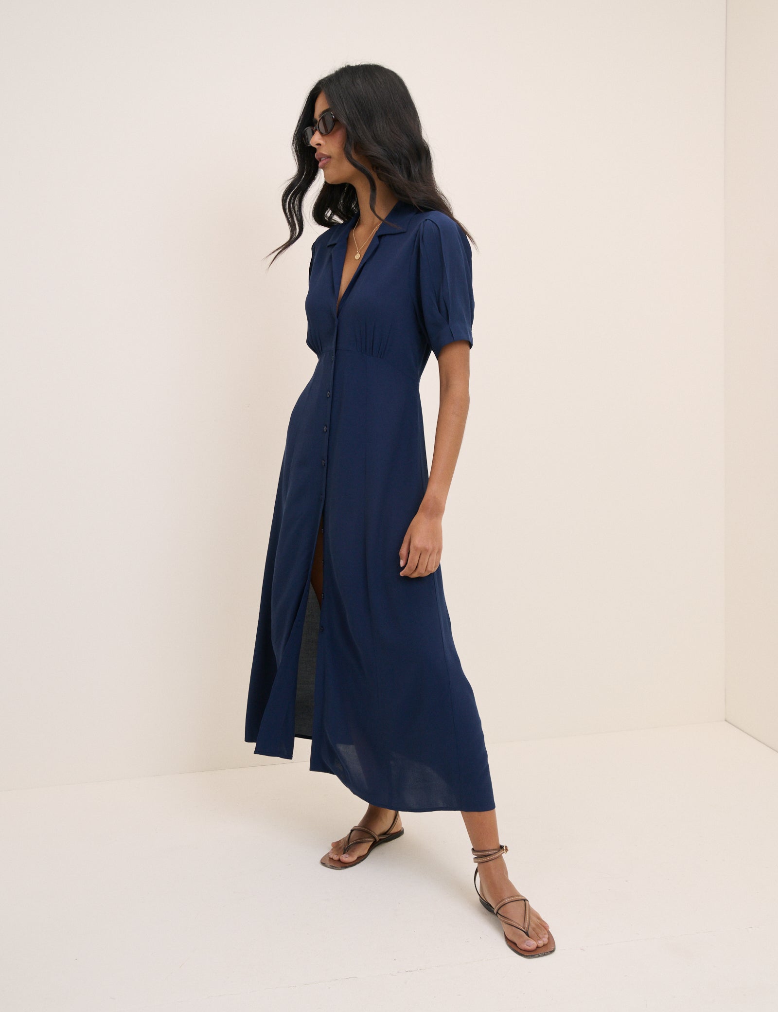 Navy Blue Button Front Neck Midaxi Dress - Image 3