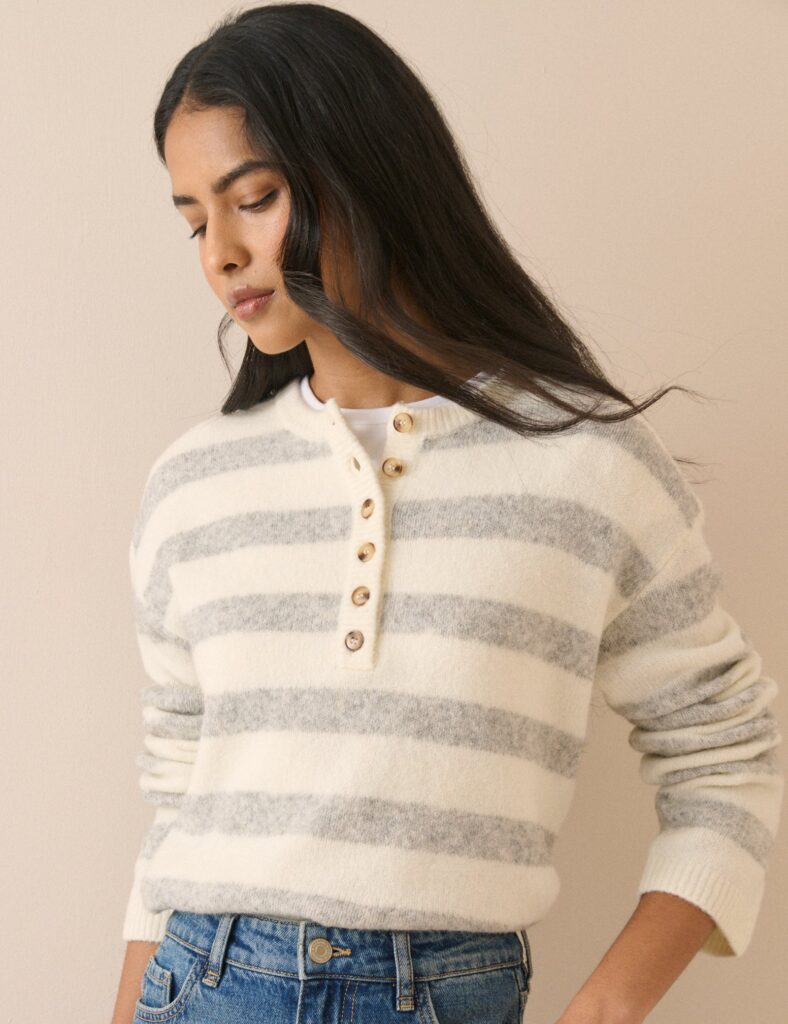 Grey And Cream Striped Henley Jumper Knitwear
