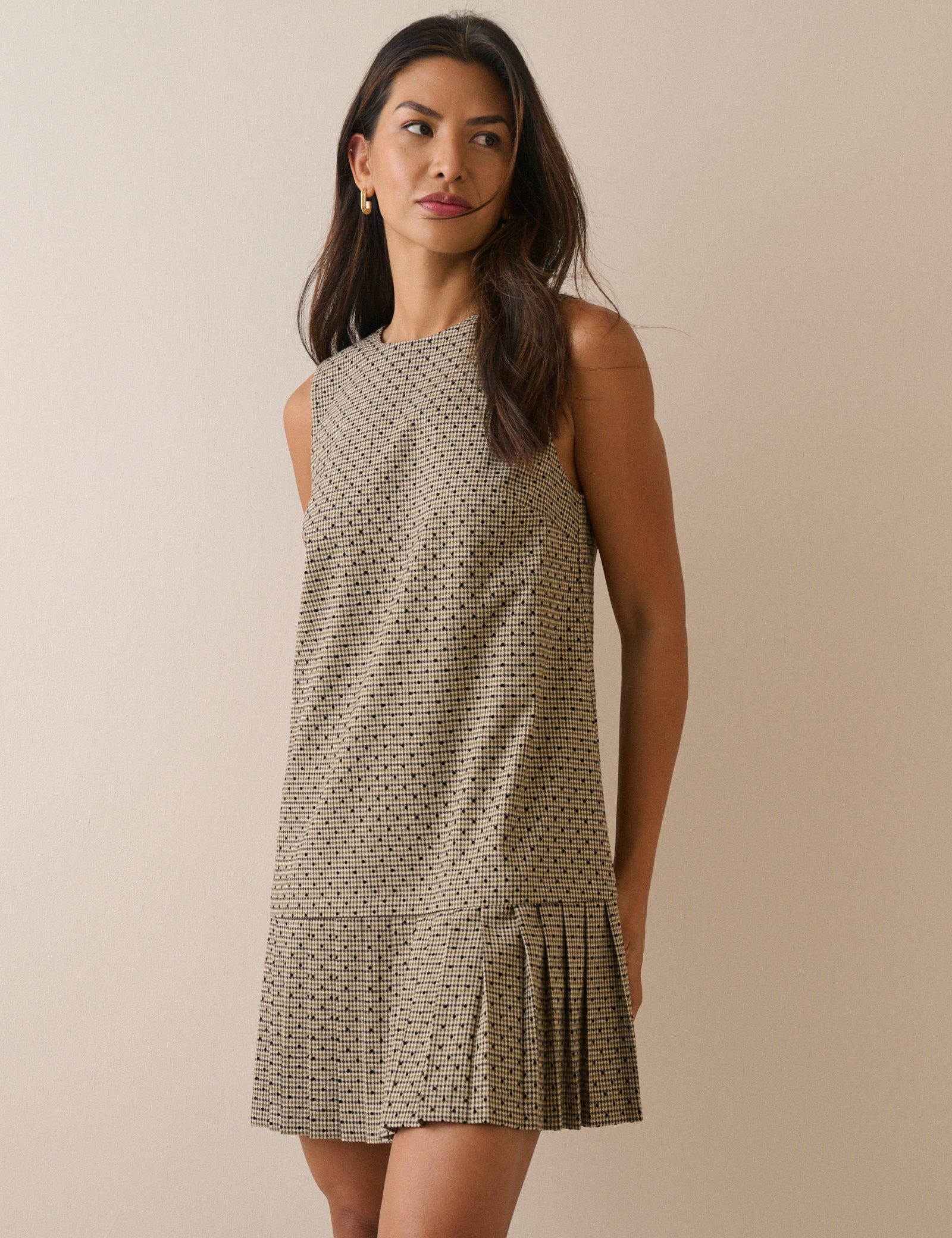 Beige Checked Drop Waist Pleated Dress - Image 2