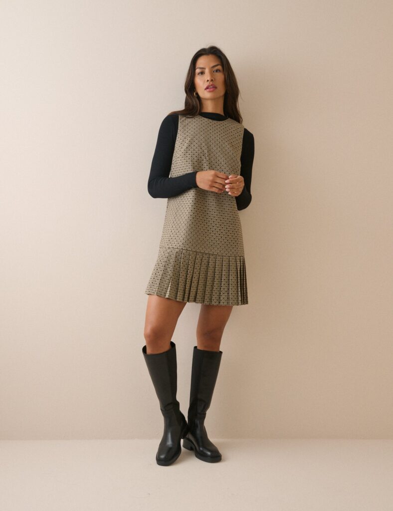 Beige Checked Drop Waist Pleated Dress