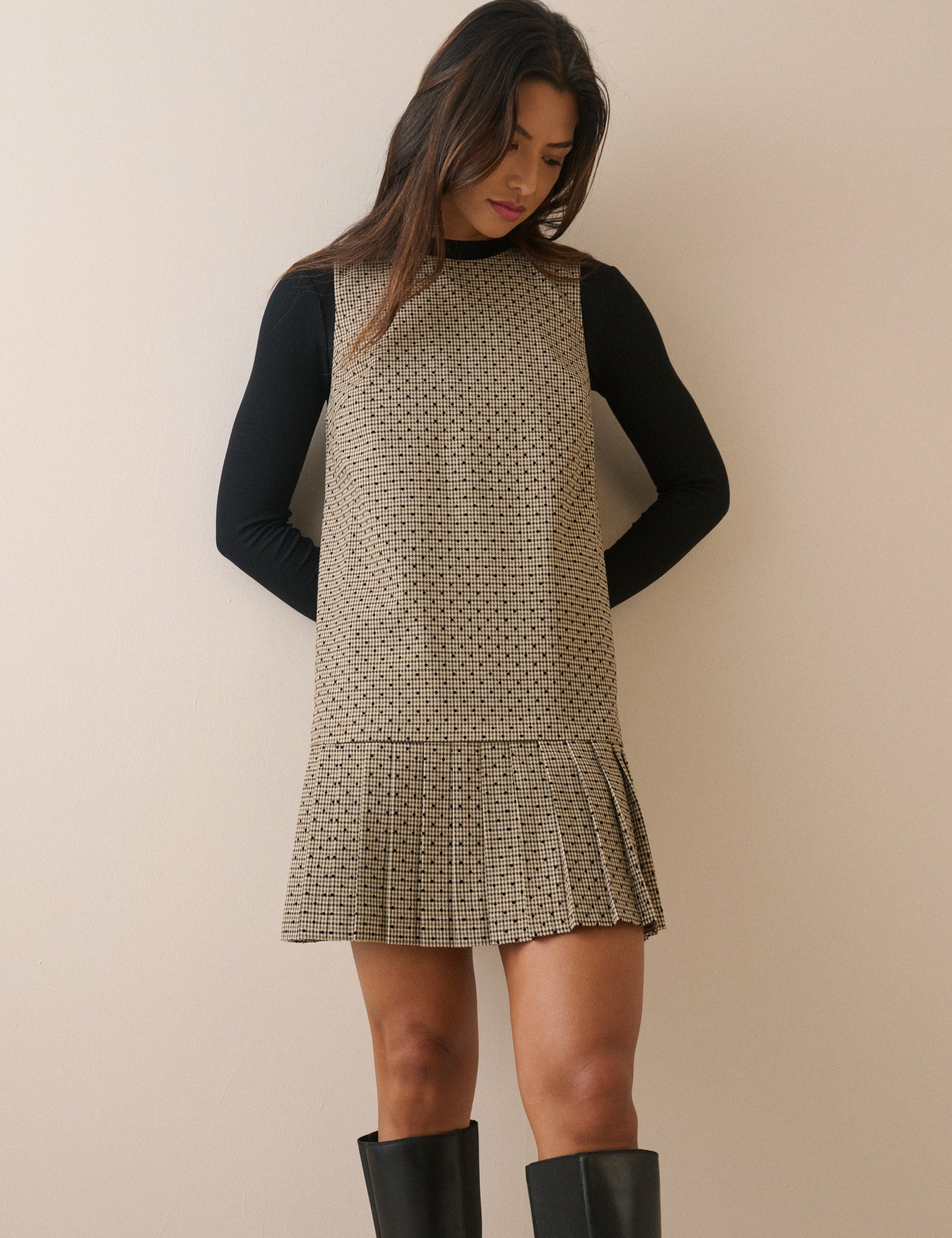 Beige Checked Drop Waist Pleated Dress - Image 4