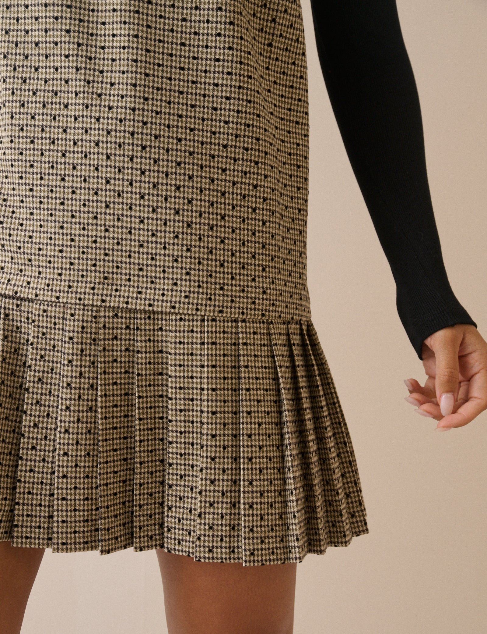 Beige Checked Drop Waist Pleated Dress - Image 3