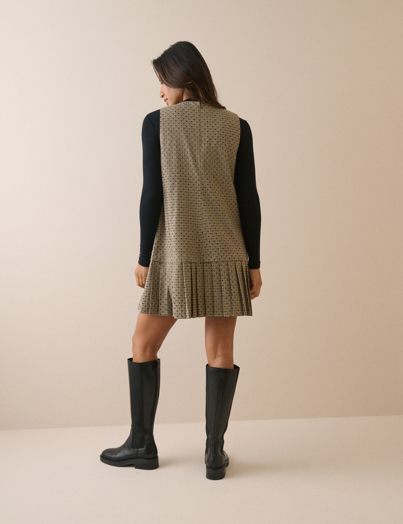 Beige Checked Drop Waist Pleated Dress - Image 5