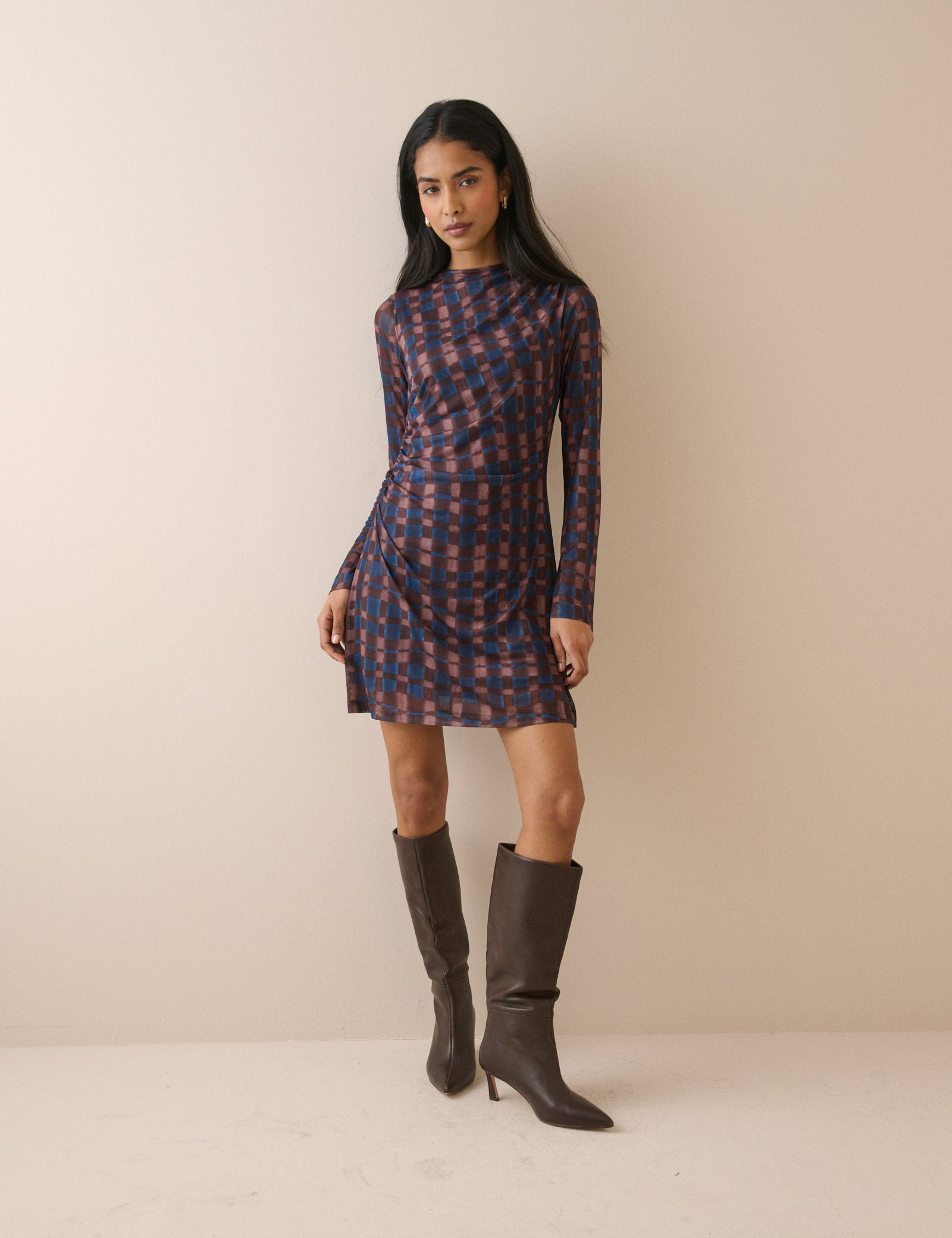 Brown Blue Floral High Neck Mini Dress