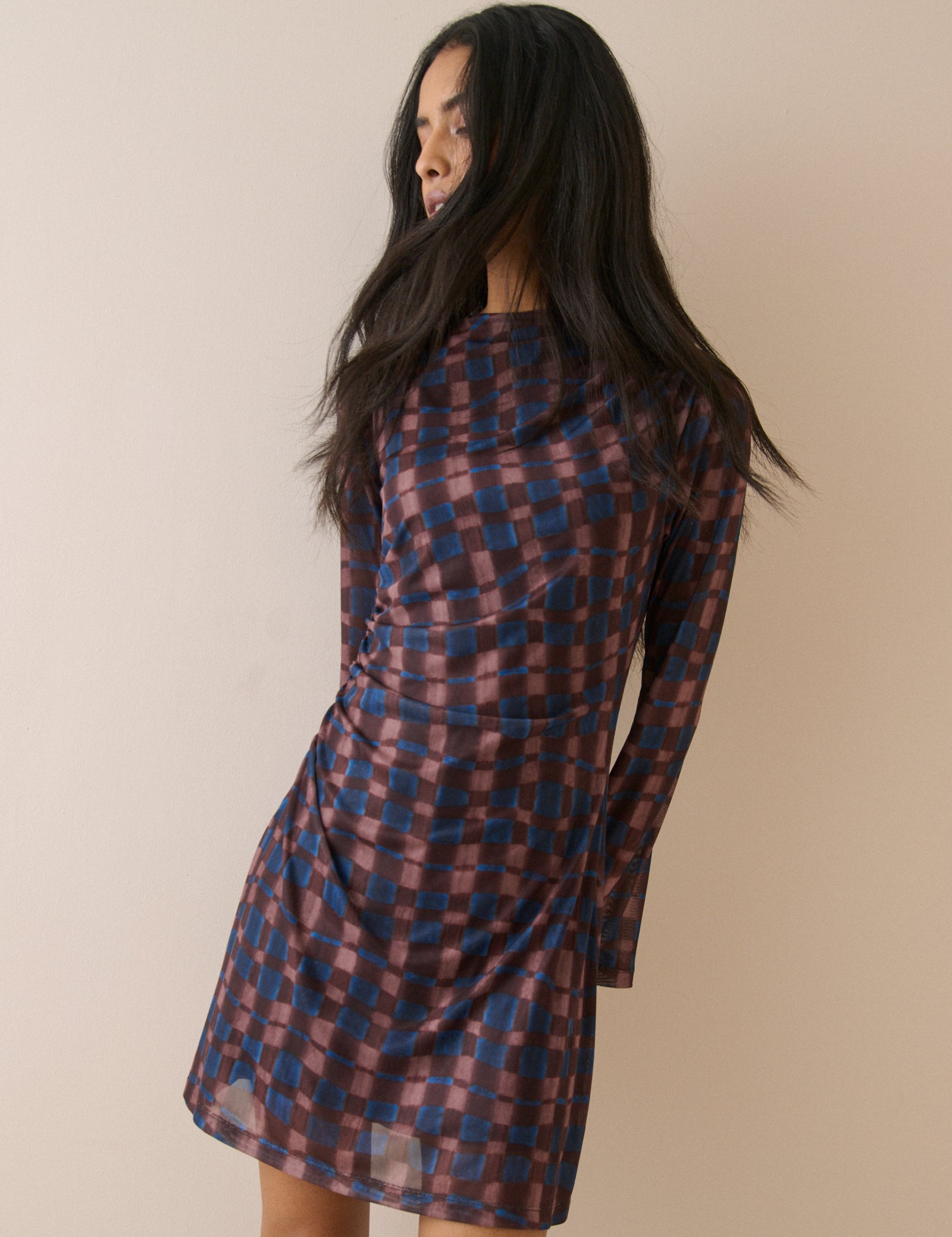 Brown Blue Floral High Neck Mini Dress - Image 2