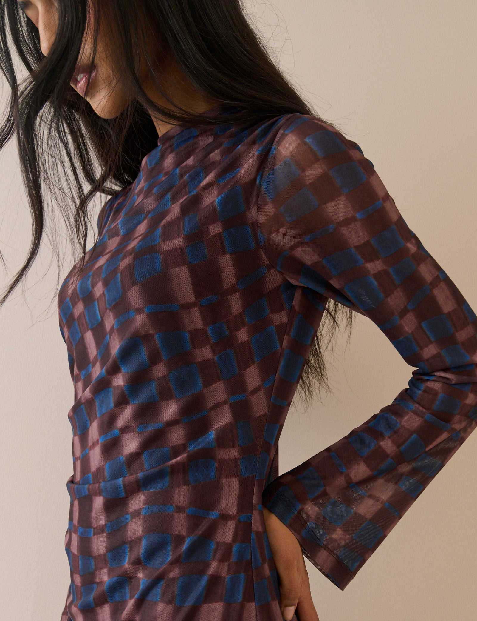 Brown Blue Floral High Neck Mini Dress - Image 4
