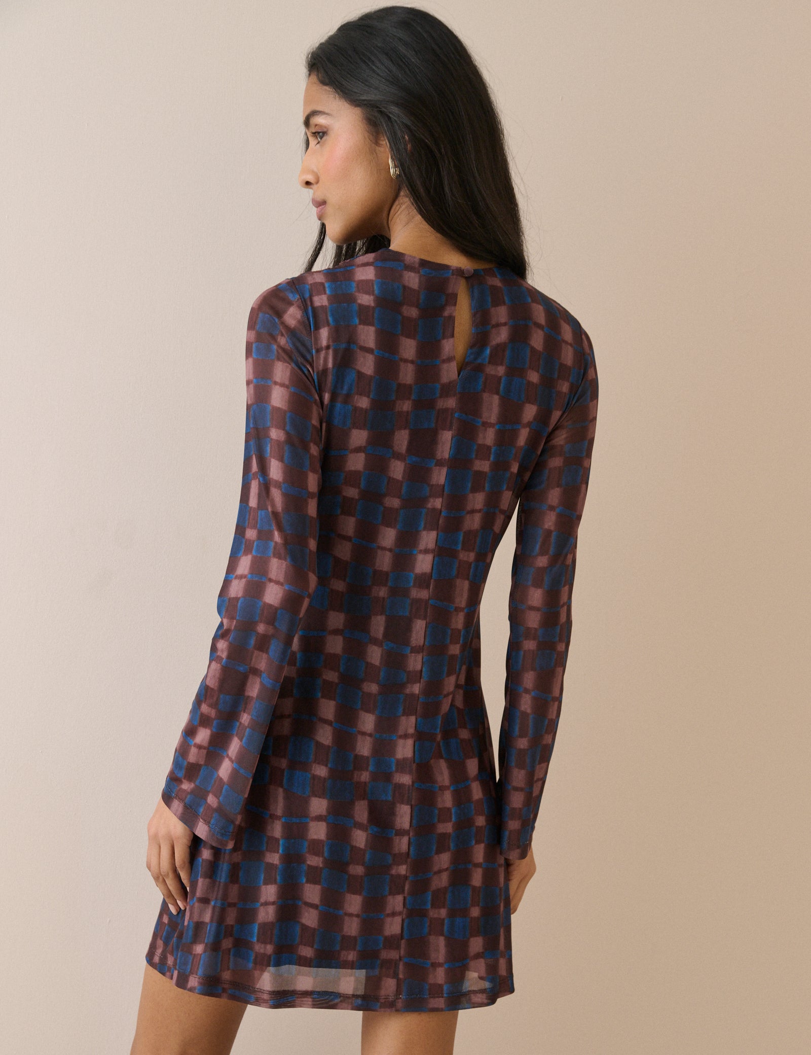 Brown Blue Floral High Neck Mini Dress - Image 5