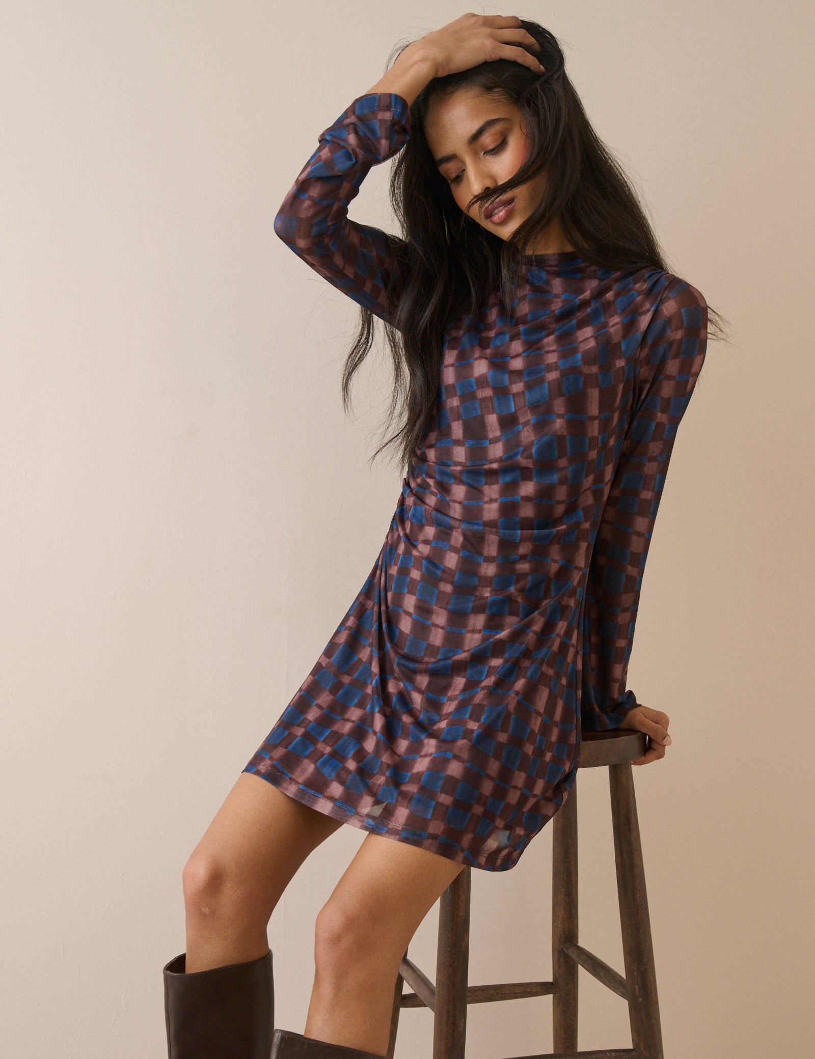 Brown Blue Floral High Neck Mini Dress - Image 3