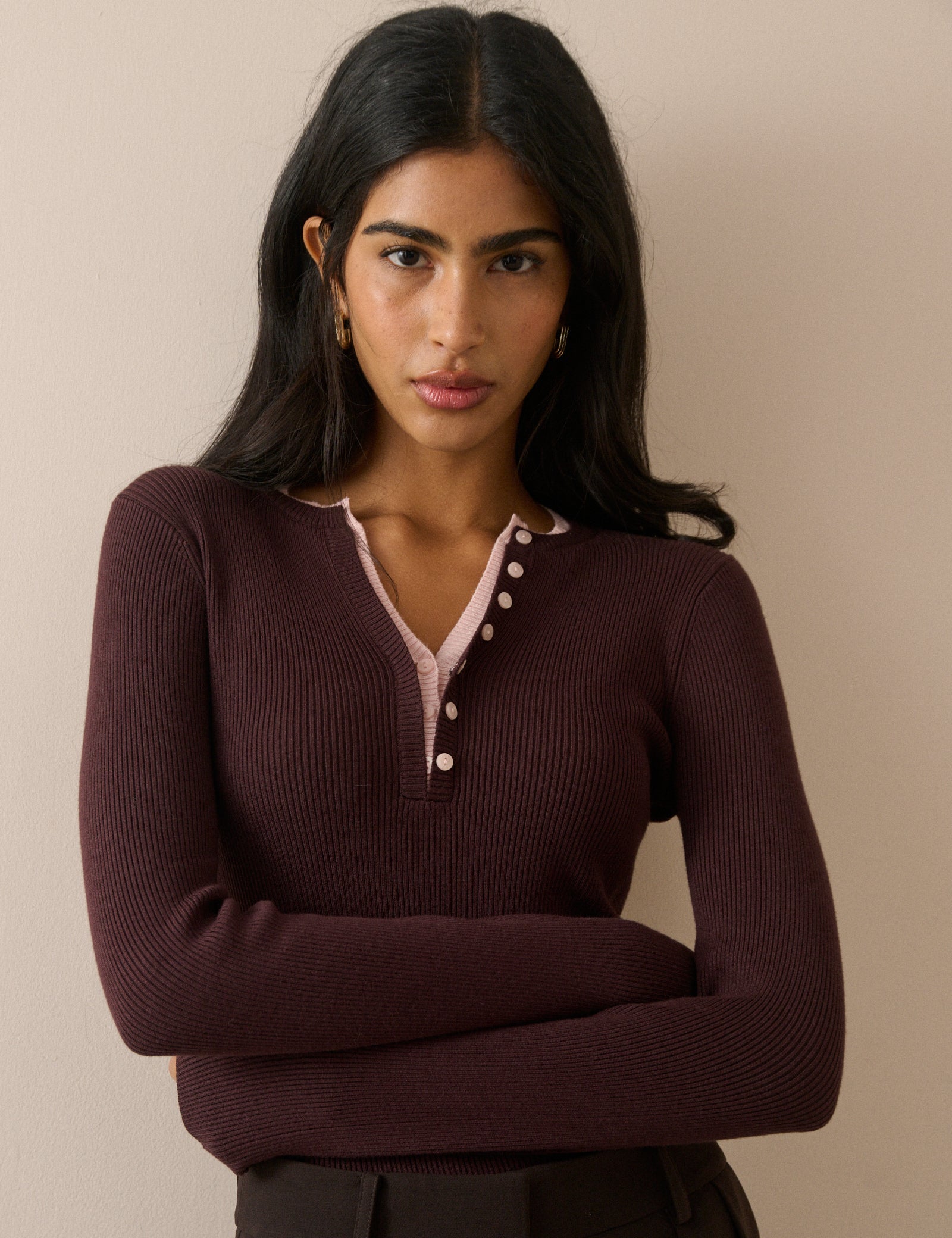 Chocolate Brown Double Layer Rib Henley Top - Image 5