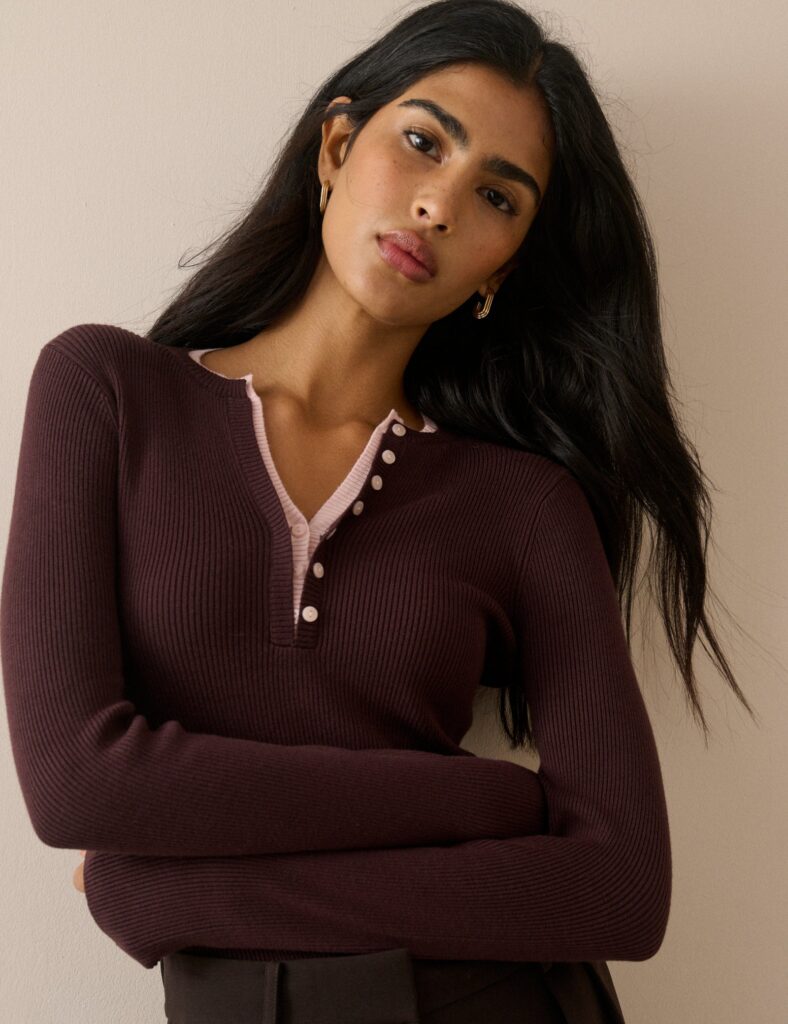 Chocolate Brown Double Layer Rib Henley Top
