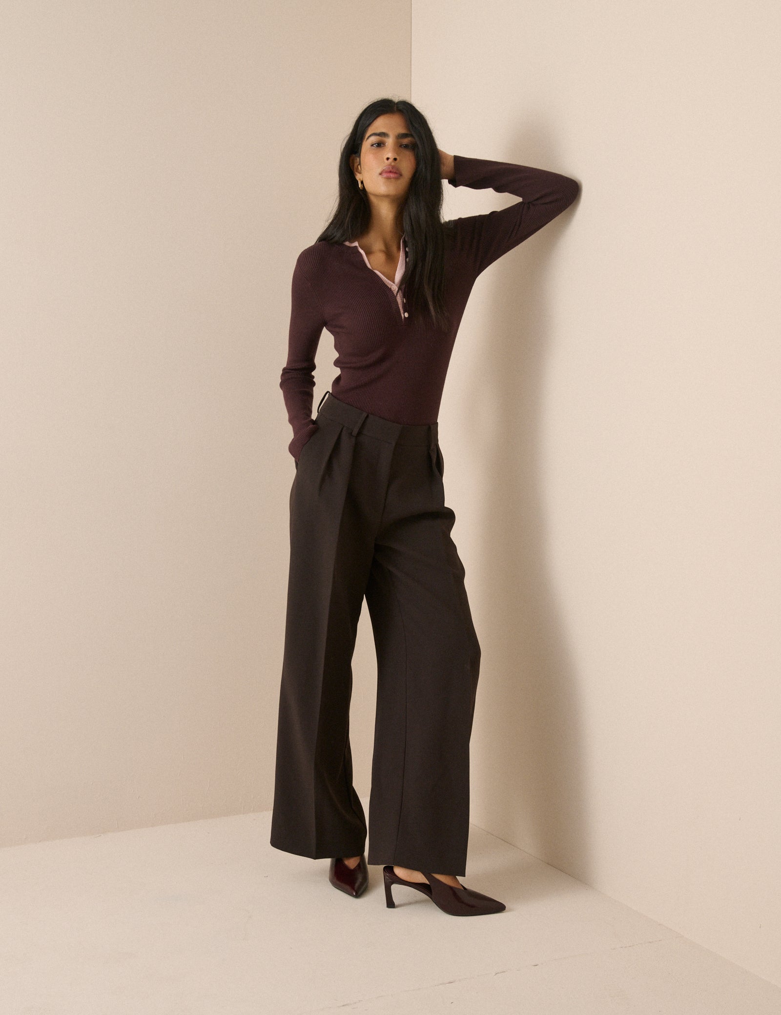 Chocolate Brown Double Layer Rib Henley Top - Image 2
