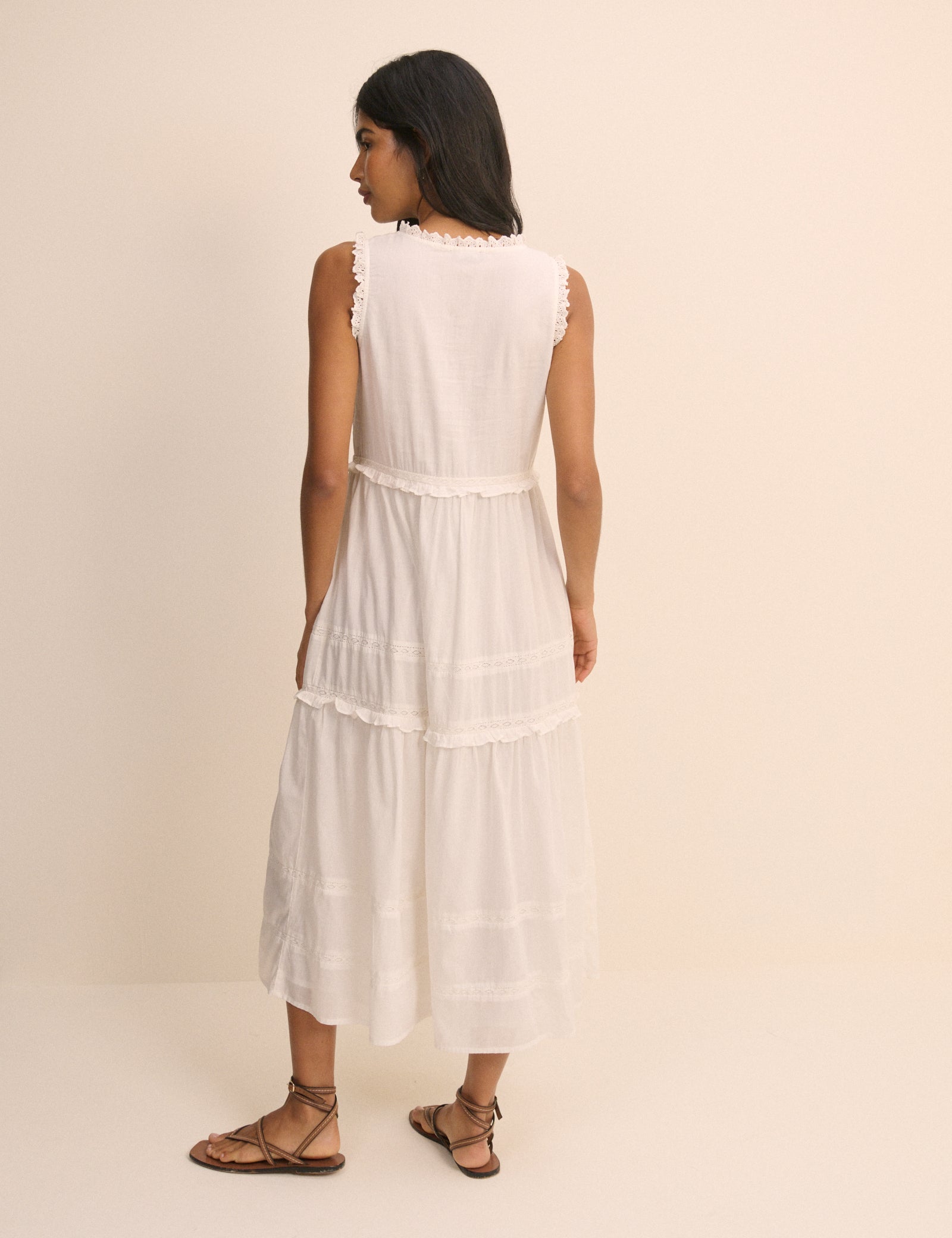White Cotton Button Front Tiered Midaxi Dress - Image 4