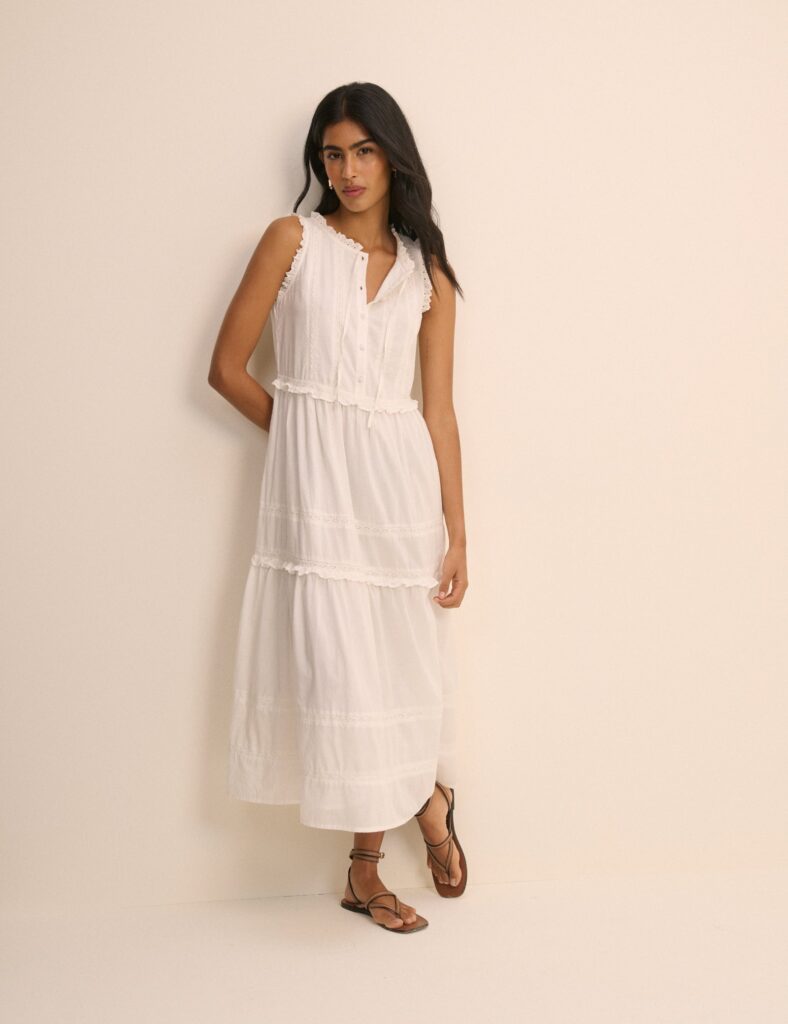 White Cotton Button Front Tiered Midaxi Dress
