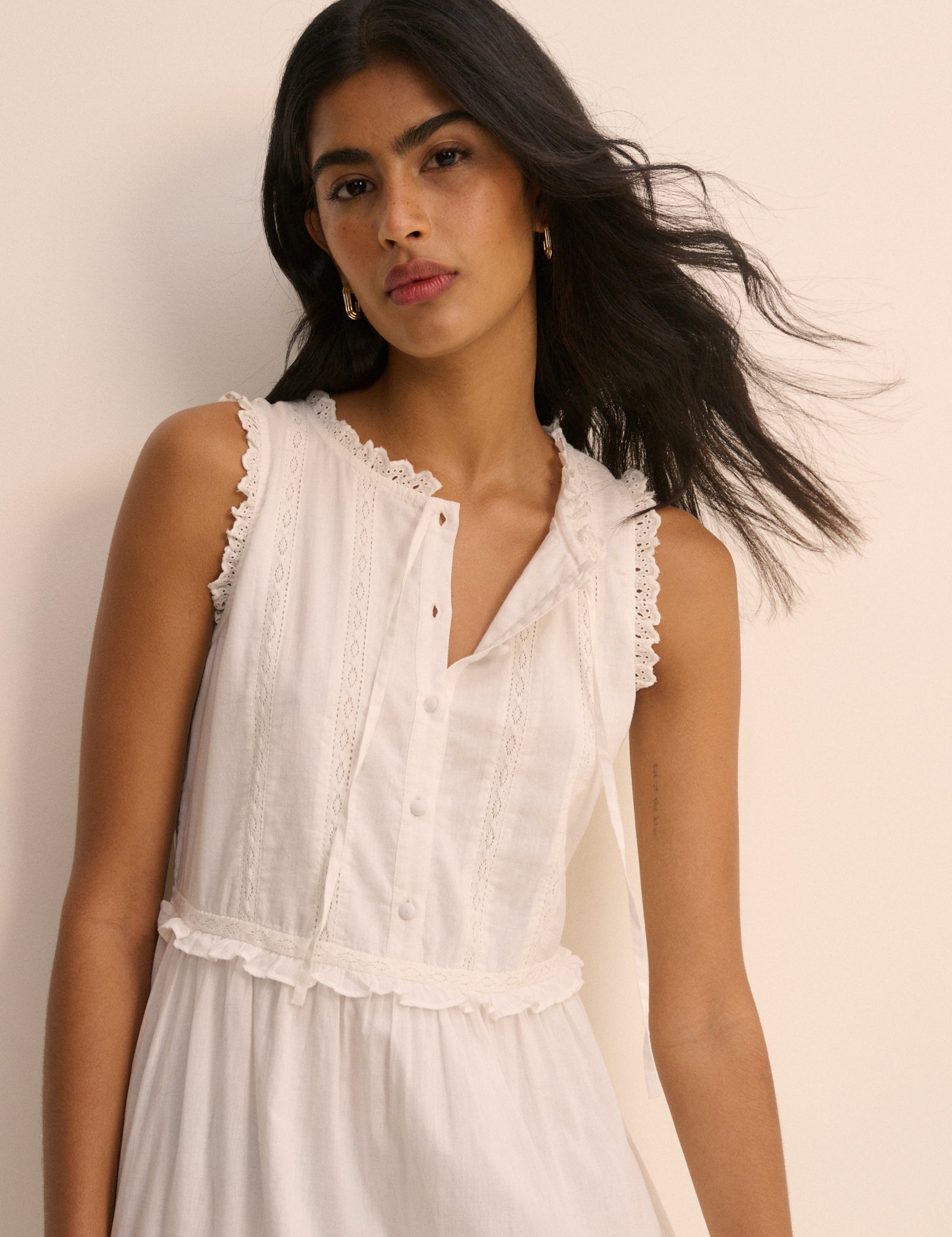 White Cotton Button Front Tiered Midaxi Dress - Image 2