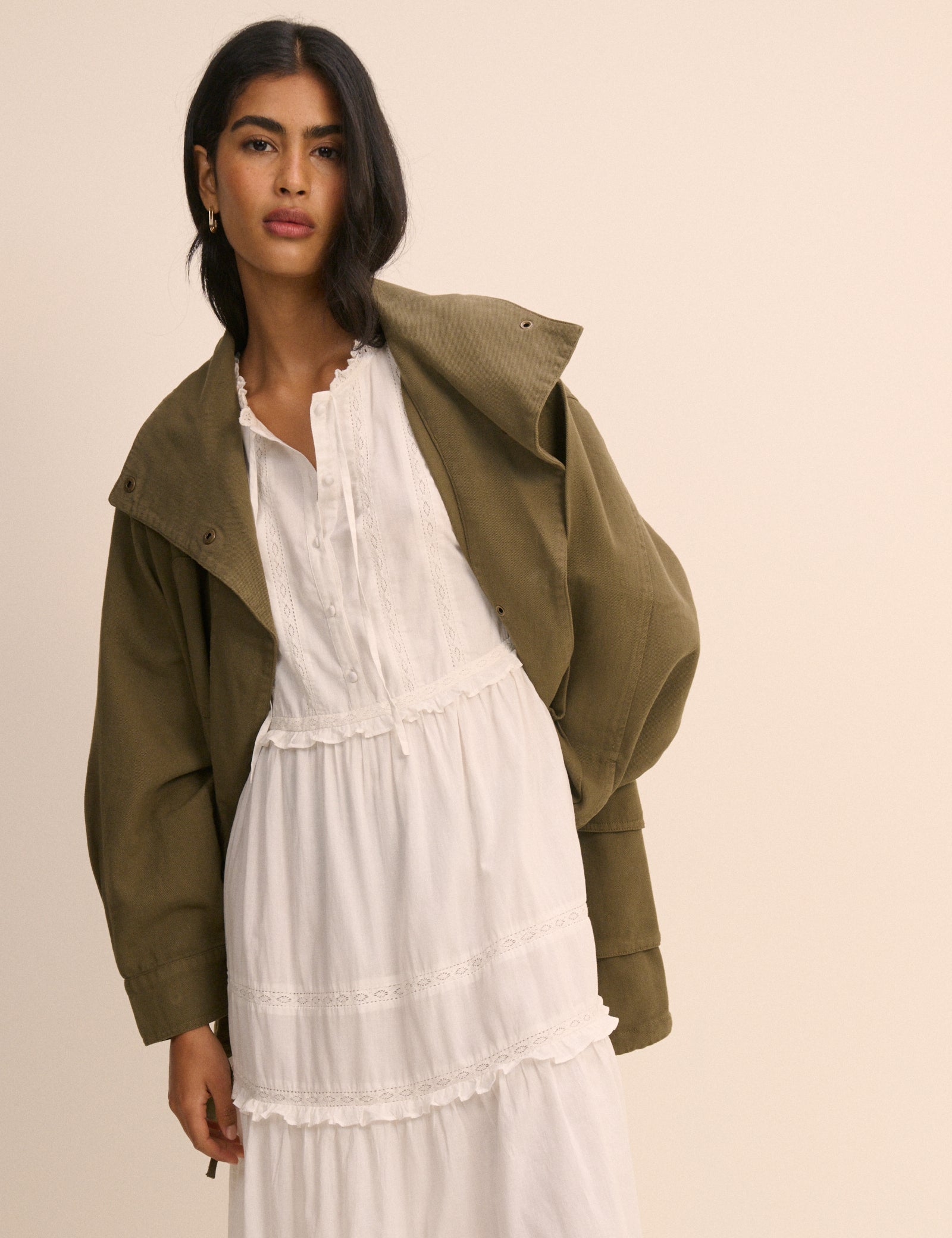 White Cotton Button Front Tiered Midaxi Dress - Image 3
