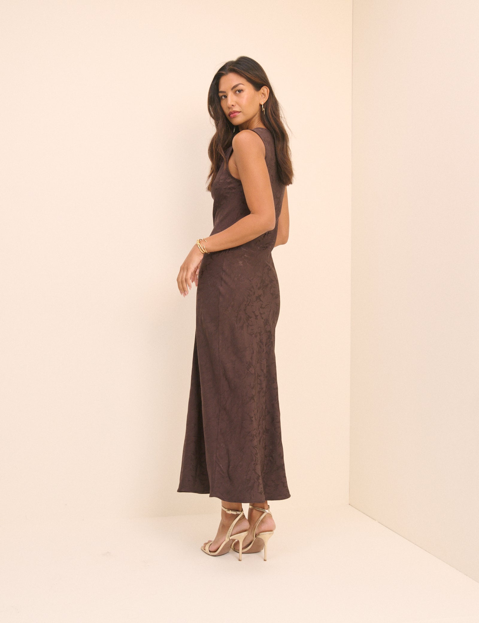 Brown Floral Satin Slip Sleeveless Midaxi Dress - Image 5