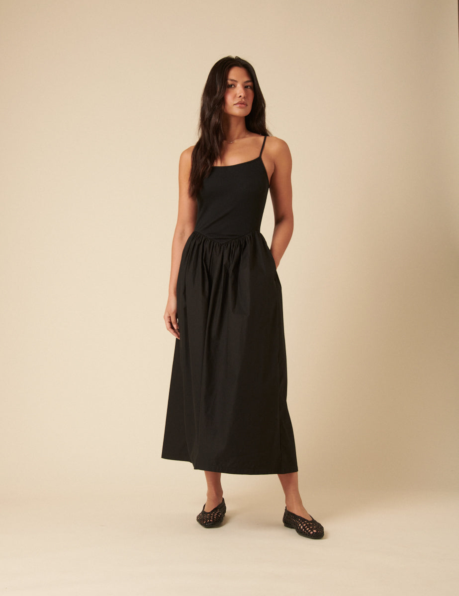 Black Cotton Drop Waist Square Neck Midaxi Dress - Image 2