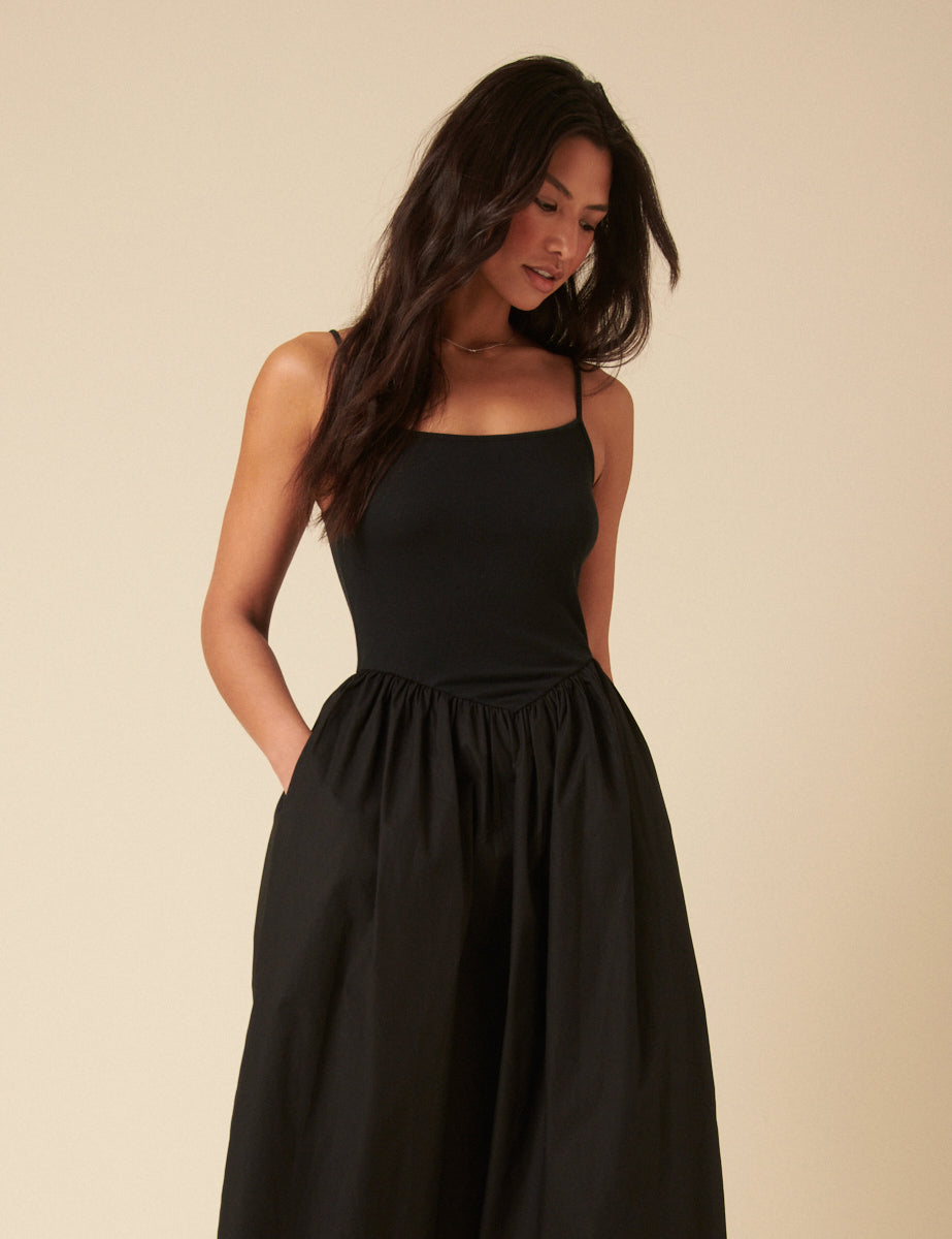 Black Cotton Drop Waist Square Neck Midaxi Dress - Image 4