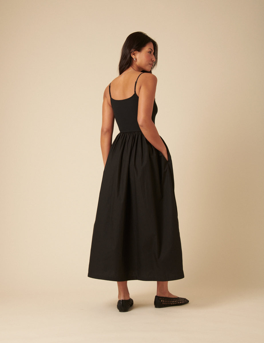Black Cotton Drop Waist Square Neck Midaxi Dress - Image 5
