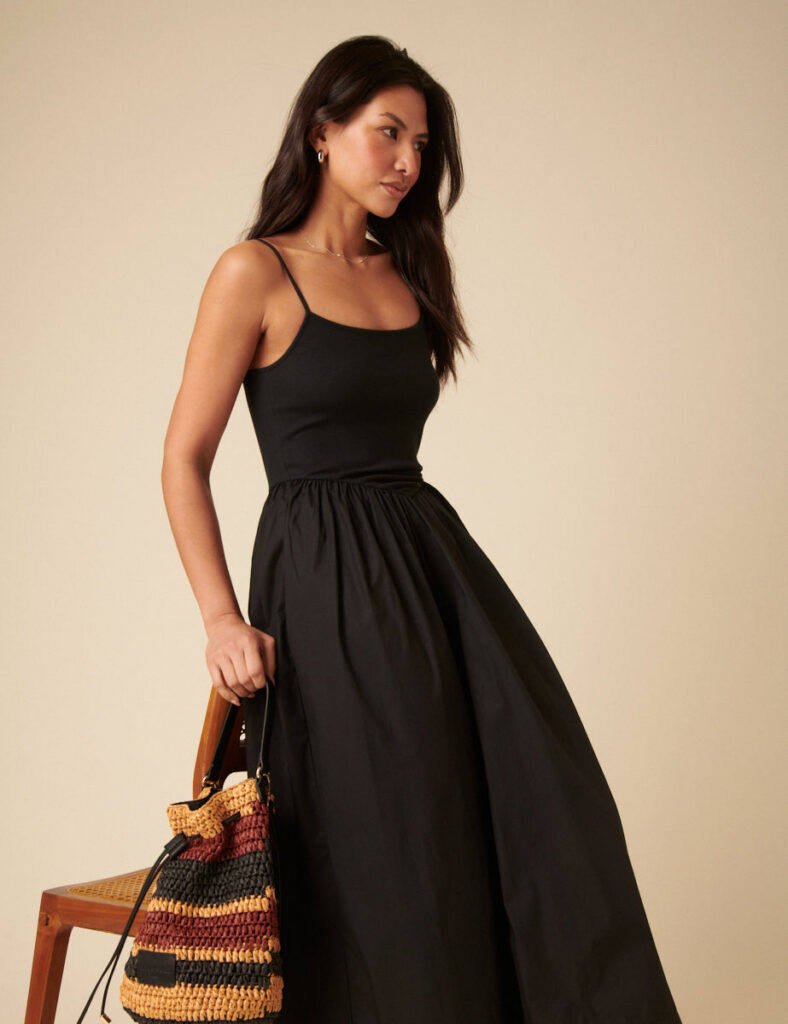 Black Cotton Drop Waist Square Neck Midaxi Dress