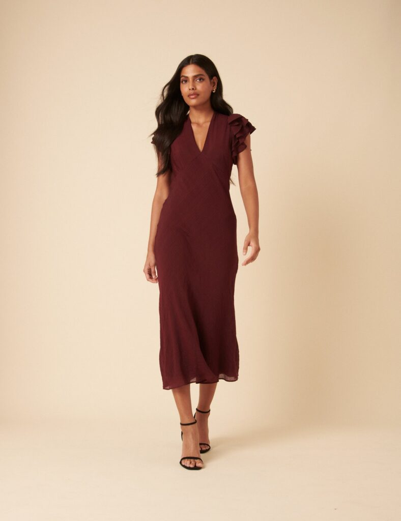 Red Burgundy Neck Short Sleeve Midi Dress