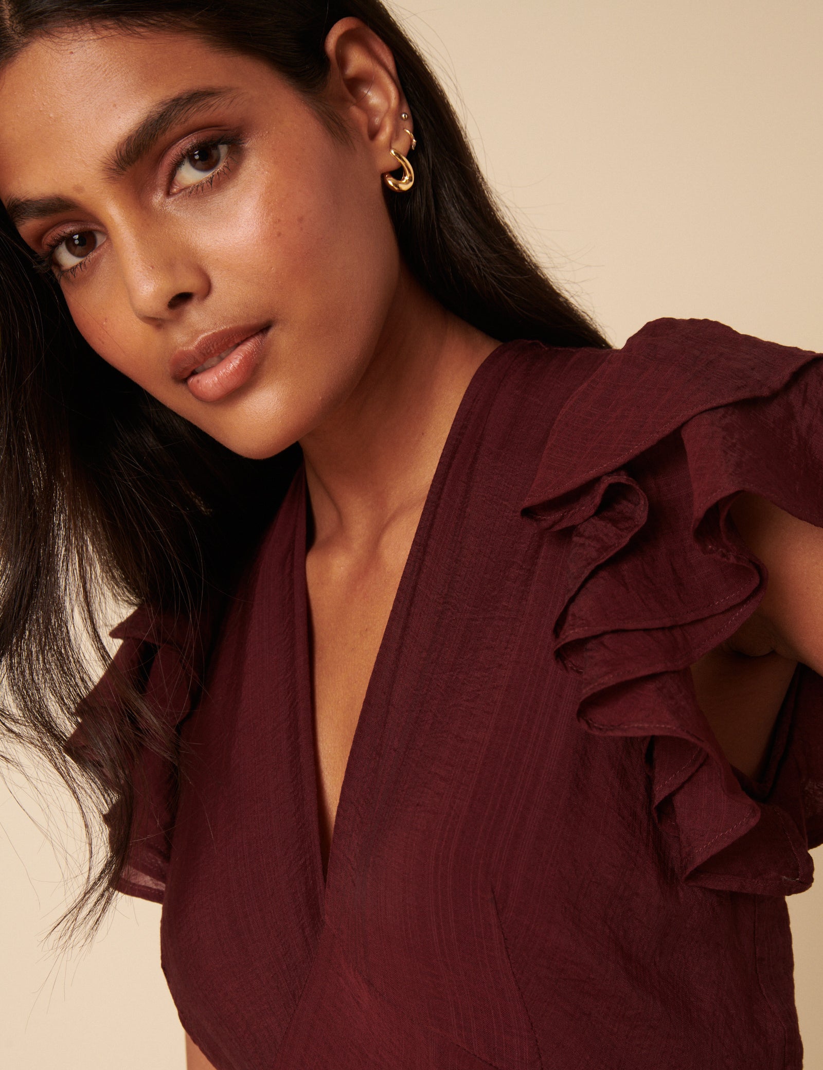 Red Burgundy Neck Short Sleeve Midi Dress - Image 3