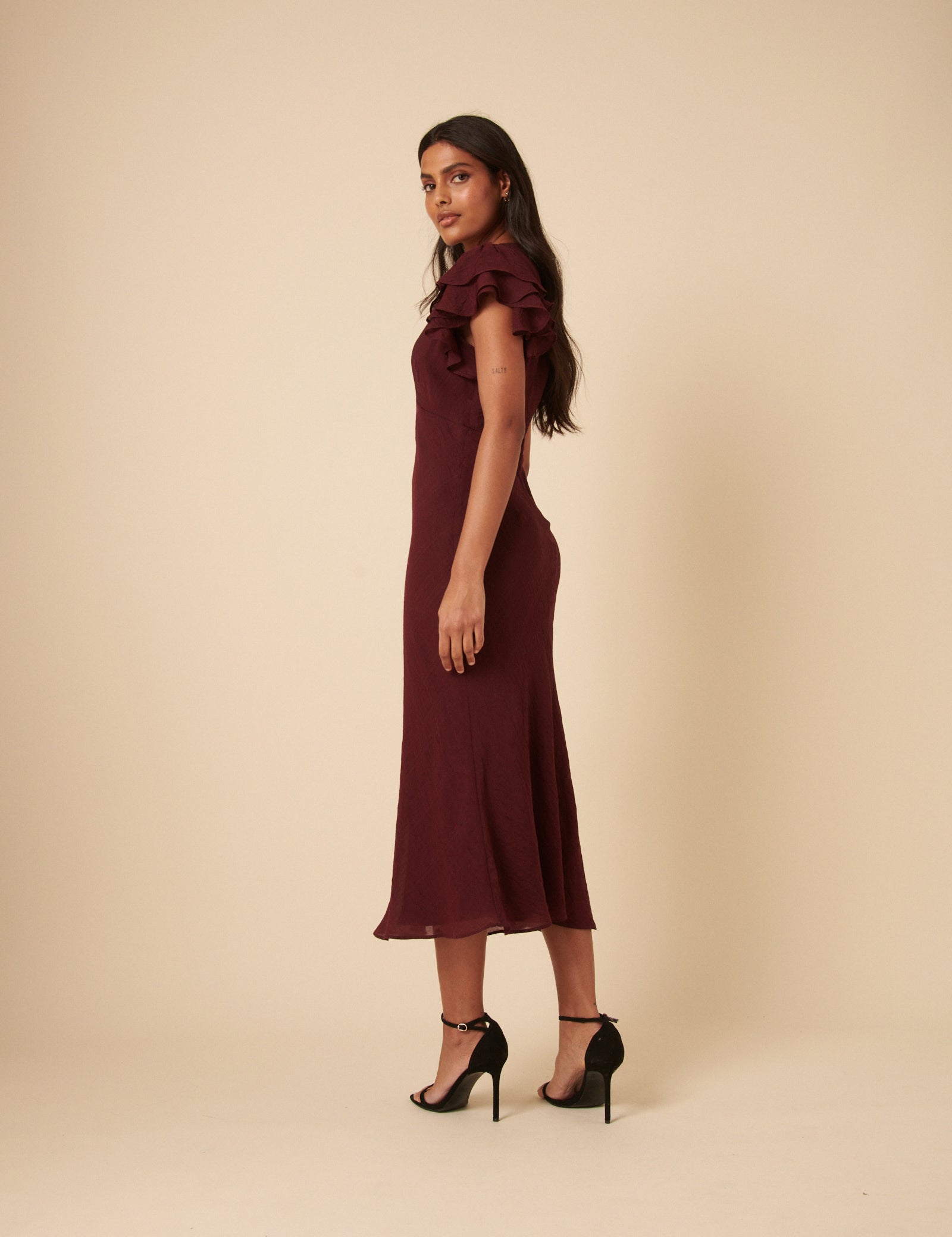 Red Burgundy Neck Short Sleeve Midi Dress - Image 5