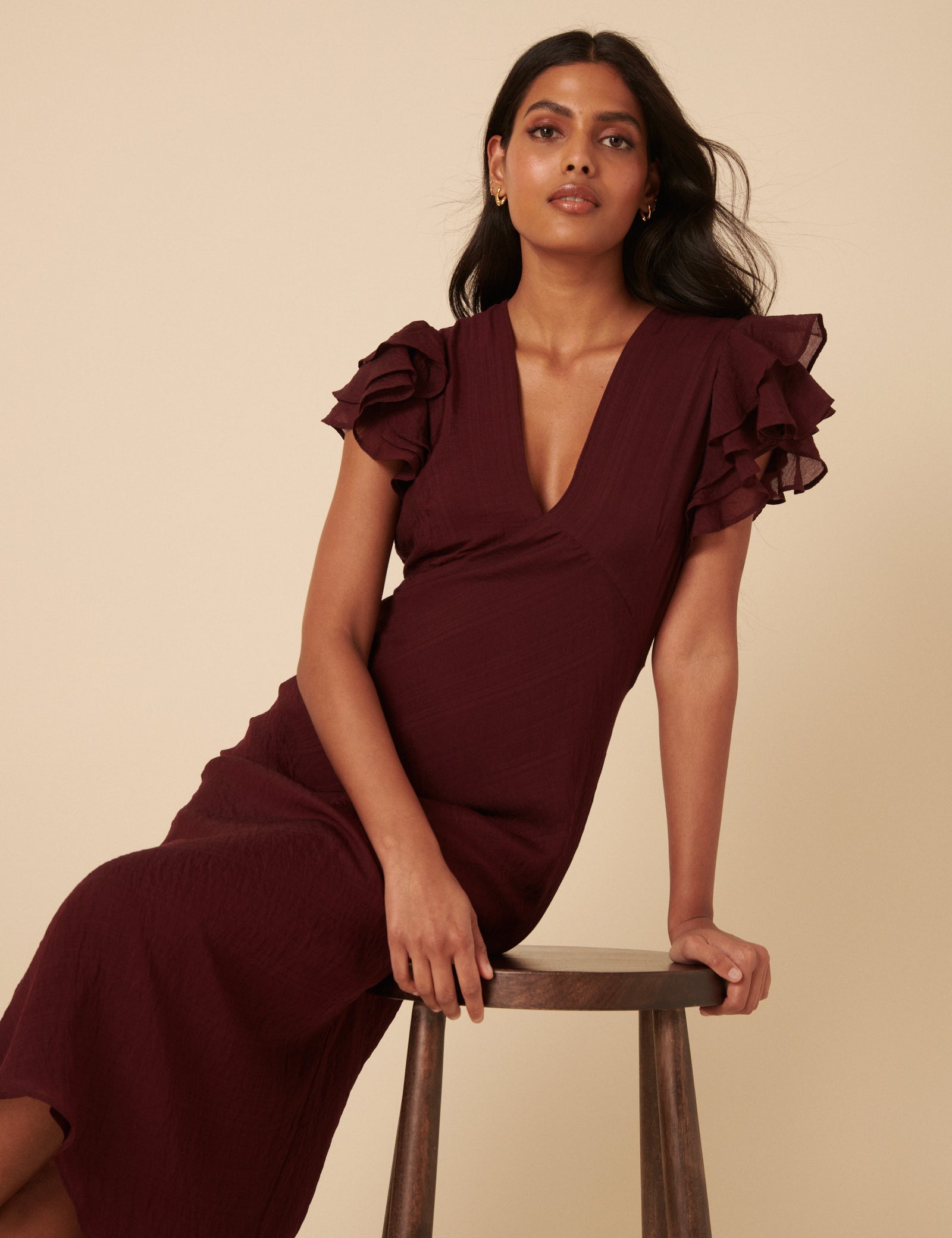 Red Burgundy Neck Short Sleeve Midi Dress - Image 2