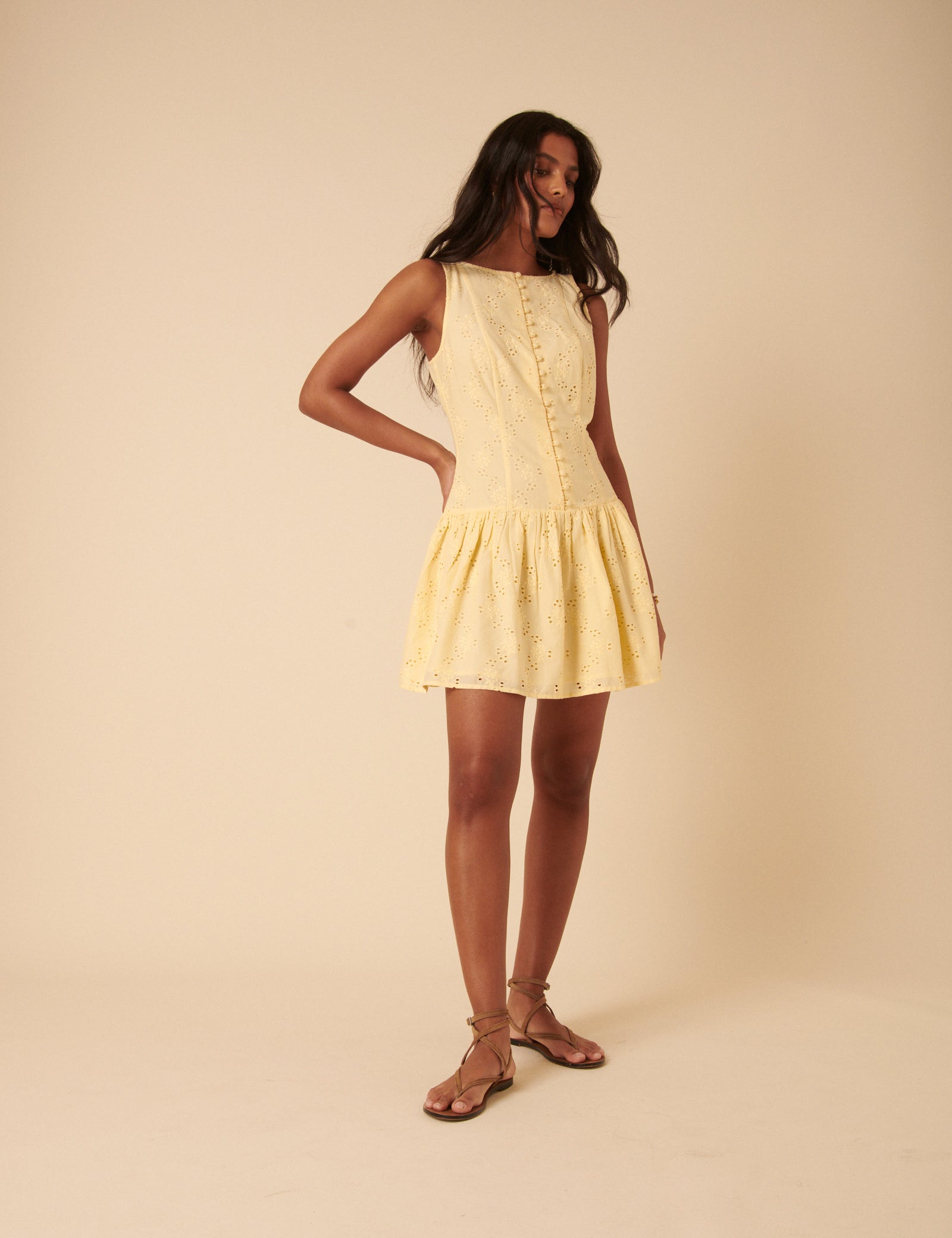 Yellow Button Front Drop Waist Mini Dress - Image 4
