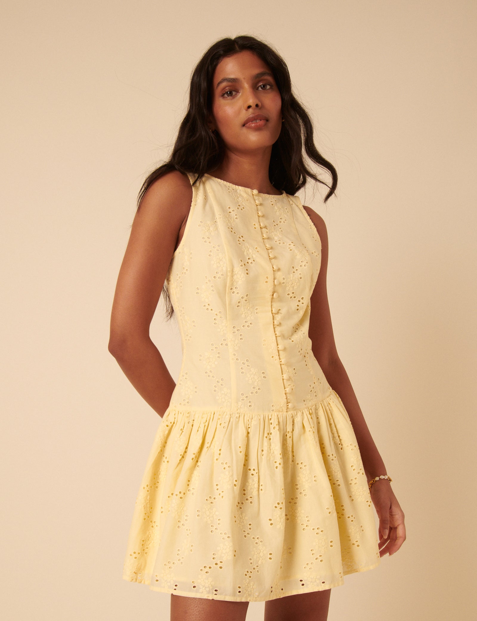 Yellow Button Front Drop Waist Mini Dress - Image 2