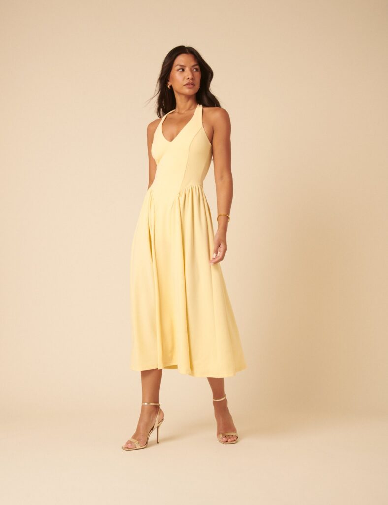 Yellow Jersey Drop Waist Neck Midaxi Dress