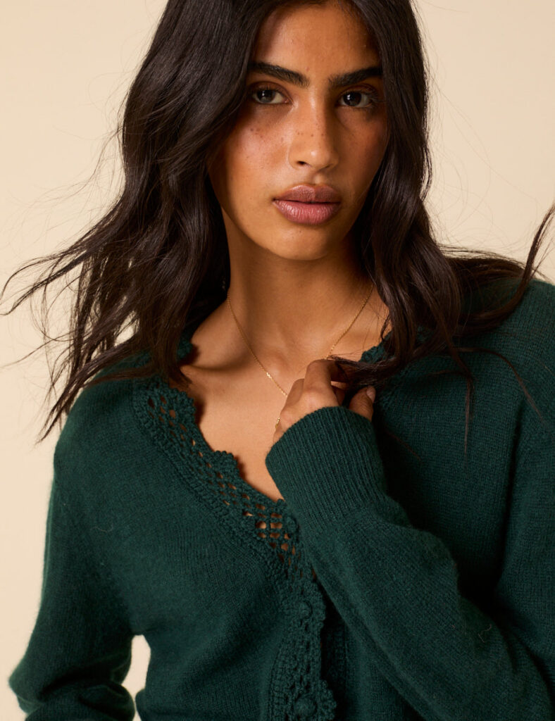 Dark Green Wool Blend Crochet Trim Cardigan
