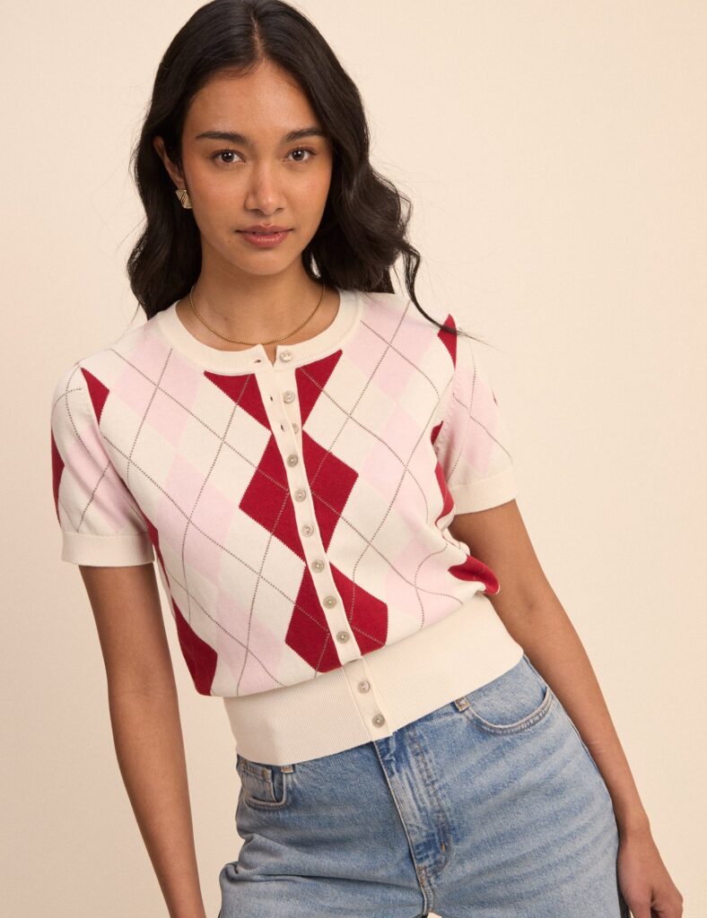 Pink And Red Argyle Check Short Sleeve Cardigan