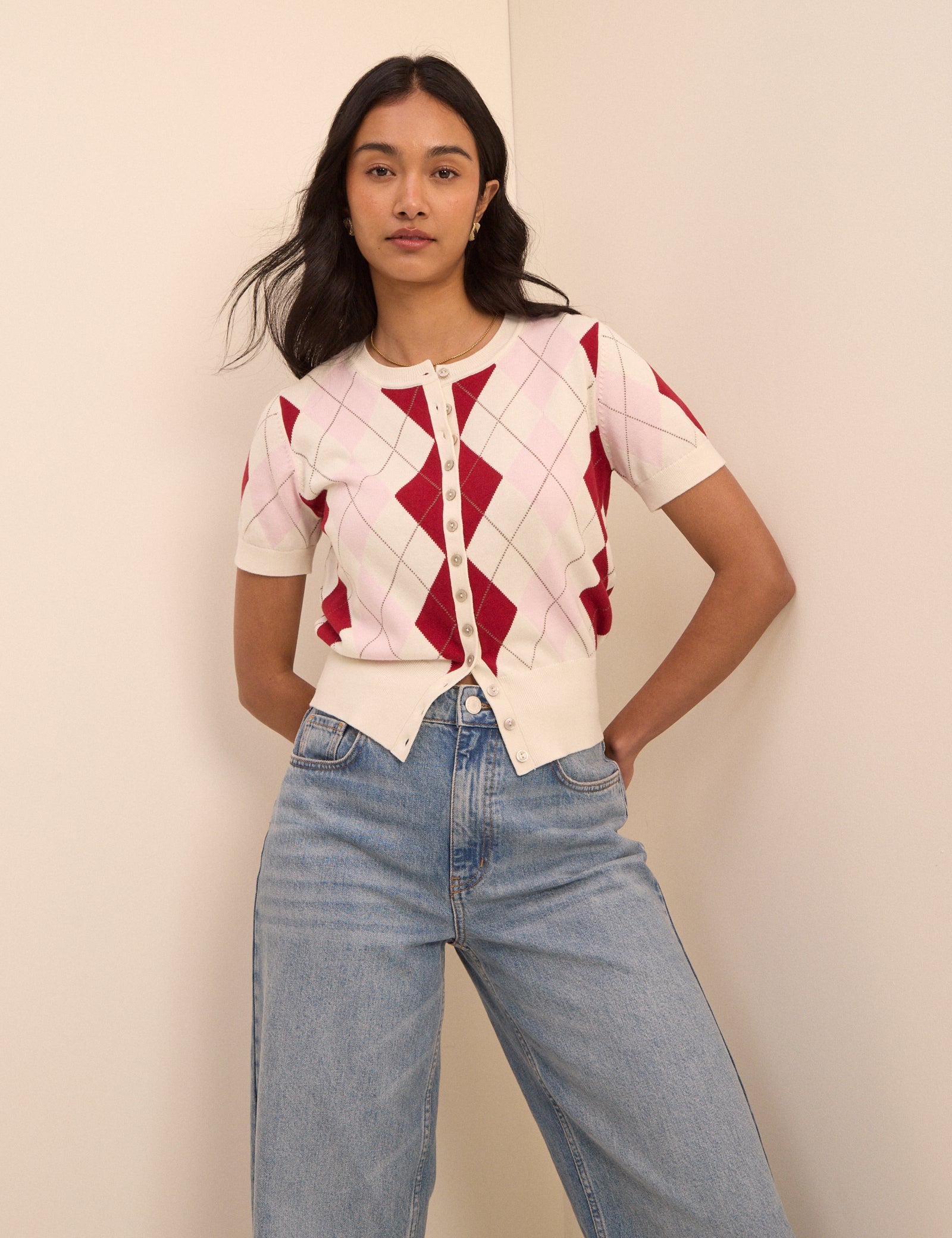 Pink And Red Argyle Check Short Sleeve Cardigan - Image 2